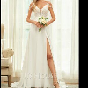 JJ's House 250149 Ivory A-line V-Neck Sweep Train Chiffon Lace Wedding Dress
